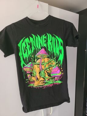 Ice Nine Kills Black Graphic Tee with Neon Green and Pink Mushroom Design